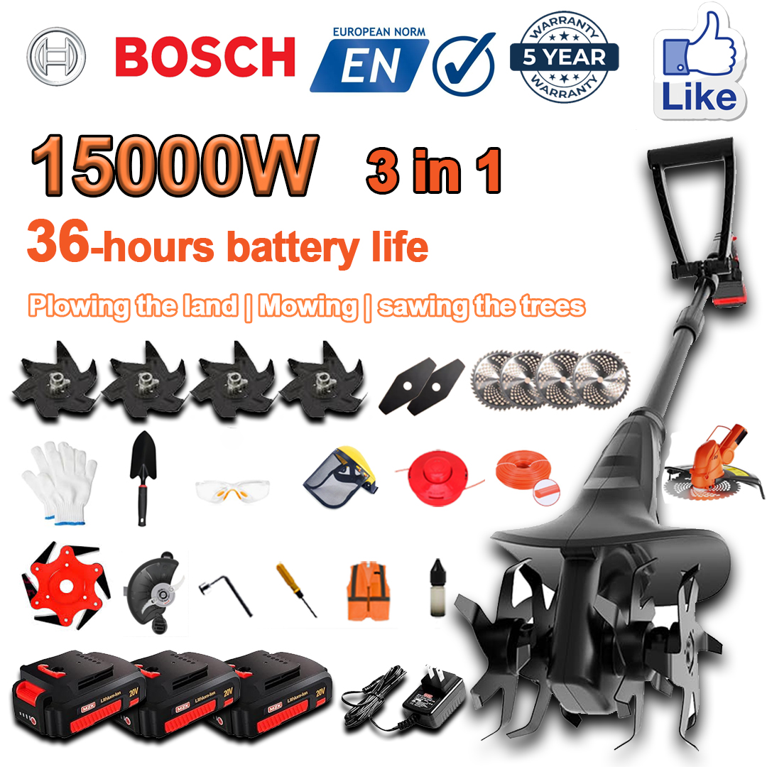(Výdrž batérie 36 hodín) 15 000W pluh + 96V lítiová batéria * 3 + rýchlonabíjačka * 1 + lopata * 1 + rovná hlava čepele * 2 + čepeľ pluhu * 4 + kotúč kotúčovej píly * 4 + pílový kotúč zo zliatiny * 1 + rezací kotúč * 1 + rezacie lano * 1 + rôzne príslušenstvo